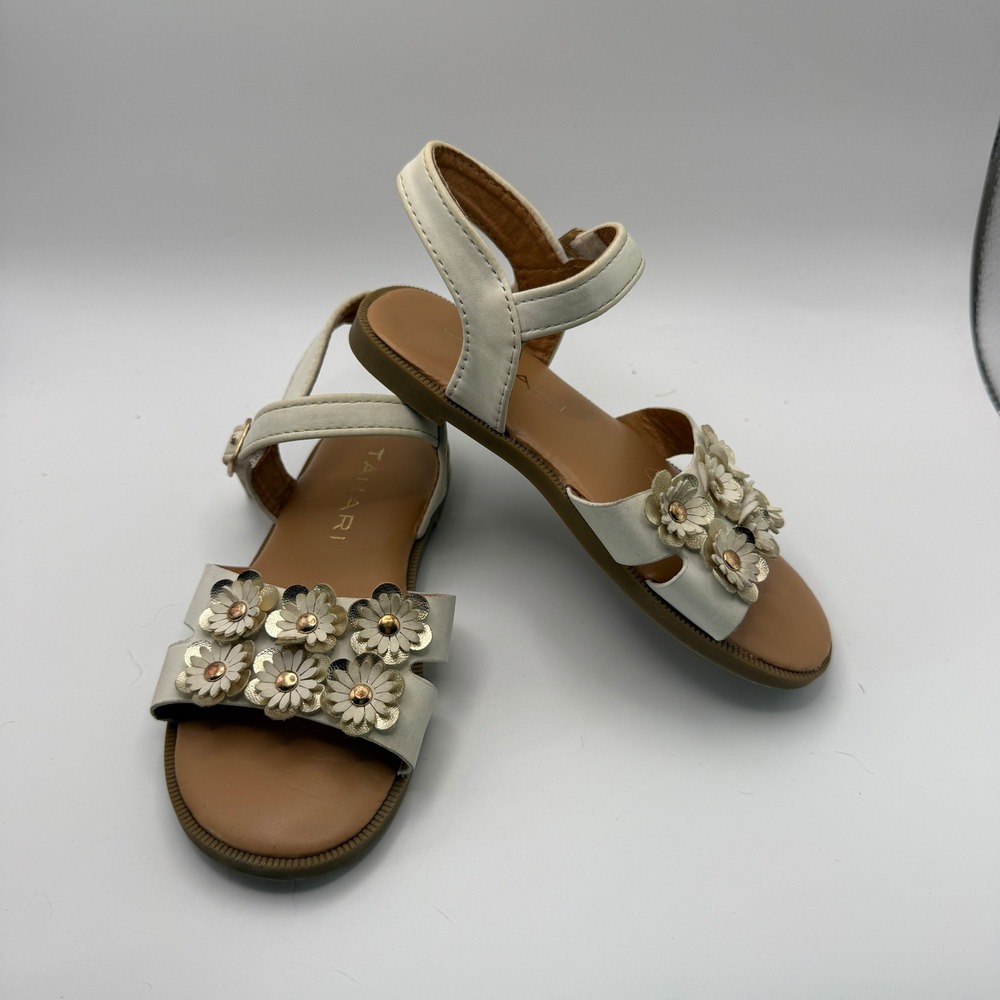 Tahari Girls White Gold Floral Applique Sandals Size 9 Toddler Dress Shoes